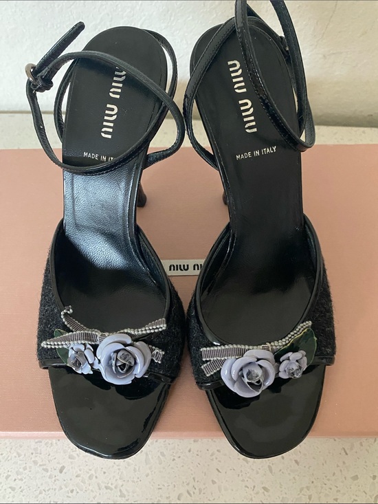 Miu Miu Shoes - Miu Miu Black Heeled Sandals with Gray Floral Appliqués